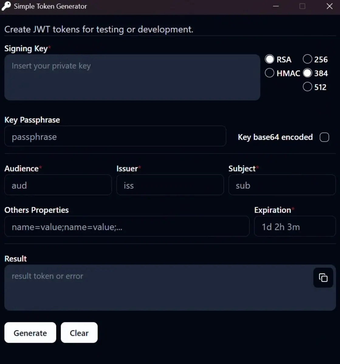 Screenshot do Simple Token Generator